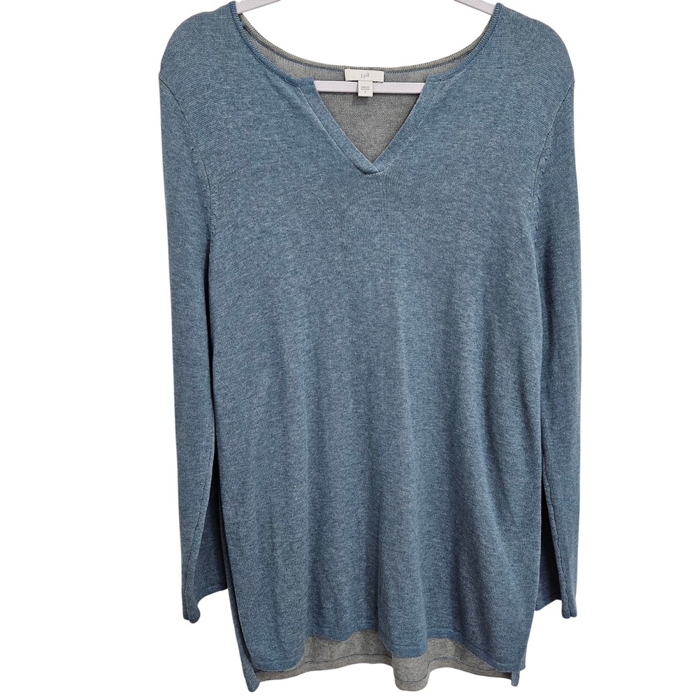 J. Jill V-Neck Long Sleeve Jersey Tunic Top Cotton Comfort Knit Blue S Like New